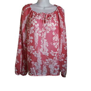 George Coral pink White Floral Blouse Plus semi sheer peasant sz 20 tie front